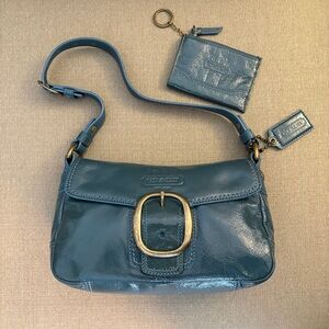 Vintage Coach Bleecker Shoulder Bag, teal liquid leather w/ matching coin purse.